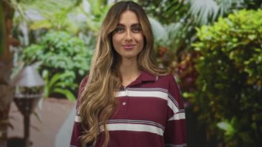 Genç sarışın kadın, çiçek yaprakları arasında benekli güneş ışığı altında, bahçedeki tapınağa parmağını tutar. Düşünce merakı düşünür..