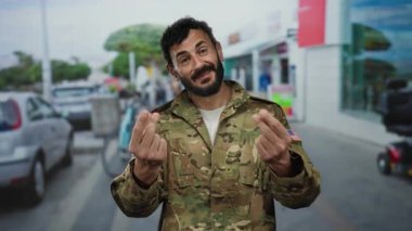 Askeri üniformalı İspanyol bir adam kalabalık bir sokakta para işareti yapıyor. Güvenini ve nişanını ifade ediyor..