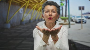 Arka planda arabalar ve ağaçlarla dolu bir şehir sokağında öpüşen gri saçlı son sınıf öğrencisi bir kadın, şehir ortamında samimi bir jest yapıyor..