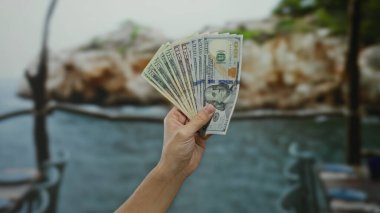 Manzaralı bir sahil sahilinde Amerikan doları tutan adam, açık havada güzel bir sahile karşı banknotlar sergiliyor..