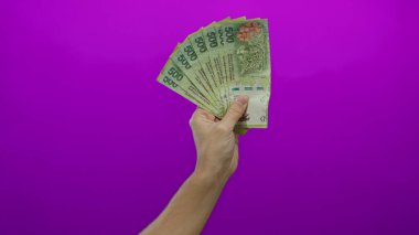 Arjantin pezolarını elinde tutan adam, canlı mor bir arkaplanla mali bağlam için izole edilmiş bir ortamda para gösteriyor..