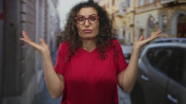 Kırmızı gözlüklü ve kırmızı tişörtlü genç İspanyol kadın, dar sokakta kaldırılmış avuç içleriyle omuz silkiyor; belirsizlik.
