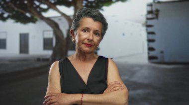 Gri saçlı ve ciddi bir ifadeyle yaşlı bir kadın eski bir kasaba caddesinde kollarını kavuşturarak şehir güvenini ve olgunluğunu etkileyici bir açık hava ortamına karşı aktarıyor..