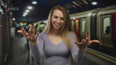 Kafkasyalı genç bir kadın kapalı tren istasyonuna el hareketleriyle davet ediyor.