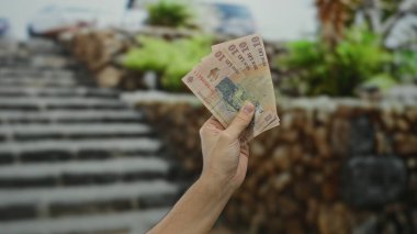 Elinde Romen lei banknotları tutan bir adam, şehir sokaklarında para ve finansman sergiliyor..