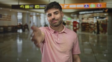 Erkek, modern havaalanı terminalinde, kalkış işaretleri yakınında pembe polo tişört giyen uzanmış sağ eliyle el sıkışma sunar; karşılama karşılaması karşılaması.