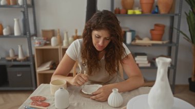 Heykel aleti ile kil tabağı oyan bir kadın, stüdyoda masanın üzerine yumuşak kilden şekiller çizen eller; konsantrasyon yaratıcılığı zanaatı.