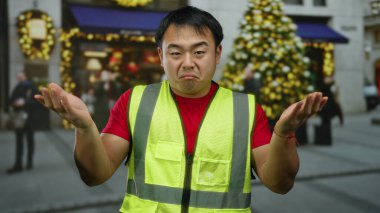 Yansıtıcı yelek giyen bir adam festival süslemeleri ile caddelerde omuz silkiyor, şehir merkezinde gündüz kafa karışıklığını ifade ediyor..