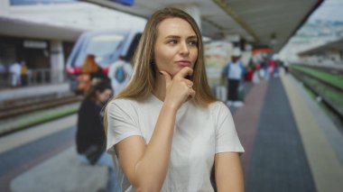 Genç bir kadın, yoğun bir açık hava tren istasyonunda, insanlar tren istasyonunda beklerken düşünceli bir ifadeyle dalgın dalgın duruyor..