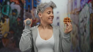 Kadın waffle tutuyor ve dambılı kaldırıyor gri kapüşonlu ve beyaz atletli; disiplin özgüveni.