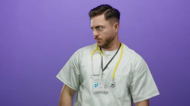 Sakallı ve steteskoplu doktor, mor arka plandaki nahoş kokudan rahatsız oluyor..