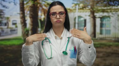 Doktor, dışarıda sıcak bir günde, elinde steteskopla tıbbi üniformalı genç bir kadının mücadelesini sergiliyor..