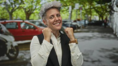 İki yumruğunu da sıkmış bir kadın, park halindeki arabaların yanında sıralanmış geniş, güneşli bir ağaçta duruyor. Zafer..