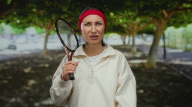 Parkta tenis raketi tutan, sorgulayan bir kadın, kırmızı saç bandı ve beyaz ceket giyen, yemyeşil ile çevrili, açık havada samimi bir anı yakalıyor..