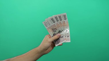 Yeşil arka planda İzlanda Krona banknotları tutan adam, tecrit edilmiş bir ortamda mali başarı ve para birimi kavramlarını gösteriyor.