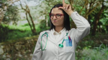 Genç İspanyol doktor, güneşli bir açık hava parkında, beyaz bir üniforma ve steteskop giyip, doğanın ortasında neşeli bir ruh hali içinde zavallı bir jest yapıyor..