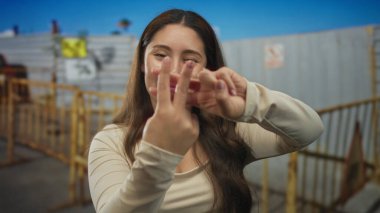 Genç İspanyol kadın inşaat binasında parmaklarıyla hashtag jesti yapıyor; trend bağlantı oyunculuğu.