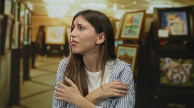 Genç İspanyol kadın, binanın duvarlarında sergilenen çerçeveli resimlere bakarken kollarını kavuşturuyor. Endişe kaygısı var..