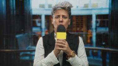 Kadın çıplak elle sarı mikrofonu tutuyor ve otel binasında kameraya bakarken ona doğru konuşuyor..