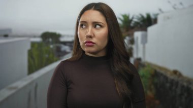 Beyaz bina cephesinin yanında çıplak yüzünü ve yumuşak uzun saçlarını gösteren kadın yan bakıyor; belirsizlik.