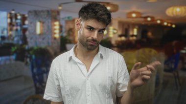 Sakallı bir adam, geniş bir otel binasında beyaz keten bir gömlek giyerken parmağını gösteriyor..