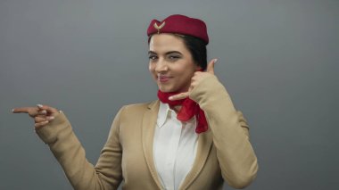 Kırmızı eşarp ve şapka takan bej üniformalı bir kadın telefon görüşmesi yapıyor ve arka plandaki gri duvara işaret ediyor.