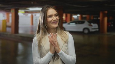 Kapalı otoparkta neşeli bir ifadeyle gülümseyen kadın, loş ışık altında park halindeki bir arabanın yanında duruyor, şehir ortamında mutluluğu taşıyor..