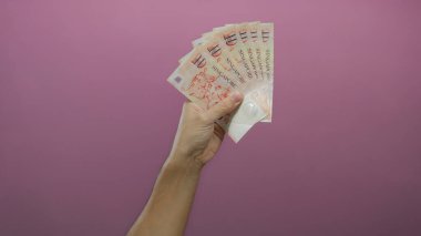 Pembe arka planda dolarları elinde tutan adam, para birimini ve finansal kavramları temsil eder..