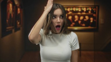 Kadın, galeri binasının içindeki resme hafifçe sıcak ışık altında kaş kaldırarak ve ağzı açık bir şekilde bakıyor..