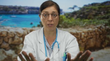 Beyaz önlük ve steteskop giyen orta yaşlı İspanyol kadın doktor deniz kenarında avuçlarını kaldırıyor..