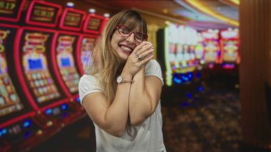 Kumarhanedeki kumar makinelerinin yanında gülümseyen ve ellerini birbirine kenetleyen bir kadın..