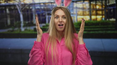 Pembe tişörtlü tavşan kulaklı kadın Paskalya kutlamaları sırasında şehir binasının önünde sürpriz yapıyor.