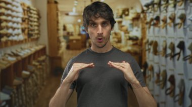 Genç adam iyi aydınlatılmış binada ayakkabı duvarları arasında iyi bir jest yapar; onay güven güven mutluluğu.