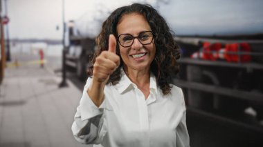 Kıvırcık saçlı mutlu kadın, parlak bir günde şehir caddesinde gözlüklü ve beyaz gömlekli bir şekilde başparmak kaldırıyor..