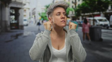 Kısa saçlı, gri kapüşonlu ve beyaz kolsuz tişörtlü bir kadın şehir caddesinde el ele tutuşuyor..