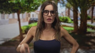 Latin kökenli genç bir kadın, yeşil ağaçlar ve park edilmiş arabalarla çevrili caddedeki izleyiciyi işaret ediyor..