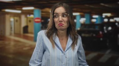 Park yerindeki floresan ışıklarının altında, gözlük ve çizgili bluzla somurtan kadın yüzü..