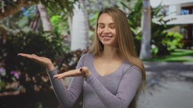 Bereketli yeşil parkta sunan genç bir kadın güneşli bir günde açık havada, hayat dolu gençlik enerjisini ve neşesini somutlaştırıyor..