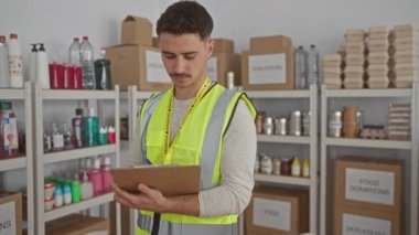 Çeşitli malzeme ve kutularla dolu bir bağış merkezinde panoya yansıtıcı yelek giyen genç adam, organize olmaya ve gönüllü olmaya odaklanmış..