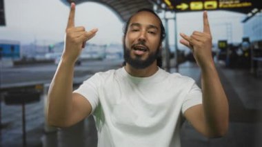 Sakallı ve beyaz tişörtlü adam havaalanı terminalinde çapraz kollu kaya boynuzları hareketi yapıyor; enerjik..