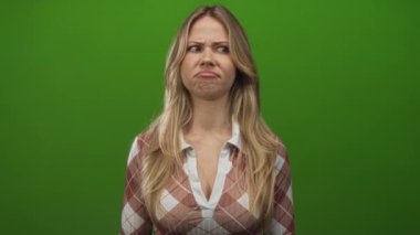 Kadın, iğrenç bir ifade sergileyen parlak yeşil stüdyo arkaplanına parmaklarıyla burnunu çimdikliyor; mide bulantısı..