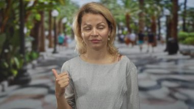 Genç sarışın kadın, gri bluzlu ve sarkık küpeli yeşil sokak sahnesini işaret ediyor..