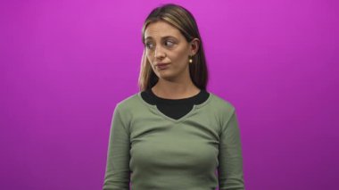 Stüdyoda yeşil bluz ve altın küpeler giyen bir kadına omuz silkip yan yan bakan bir kadın..