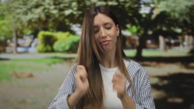 Kadın eli, kapalı gözlerle gülümserken güneşli parkta yeşil yaprakları işaret eder..