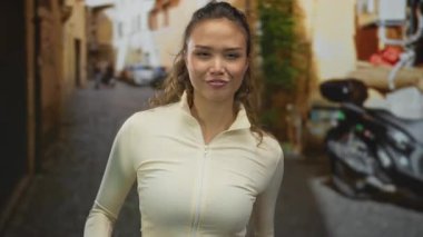 Genç İspanyol kadın şehir caddesinde kırmızı dambılı kaldırıyor enerjik bir şekilde dışarıda gülümsüyor sarı ceketli, hayat dolu pozitif bir atmosferde bulanık bir arka planı var.