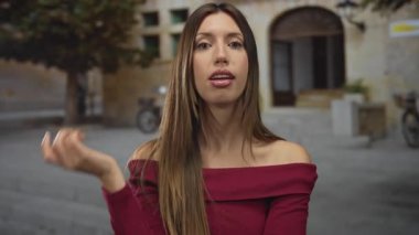 Kadın, gündüz sokakta konuşurken avucunu kaldırır ve dudaklarını keser; şaşkınlık şaşkınlığı çileden çıkarır.