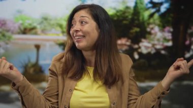 Kadın, yeşil parkın her iki tarafını da bulanık ağaçlarla işaret ediyor; belirsizlik kararsızlığın yansıması.