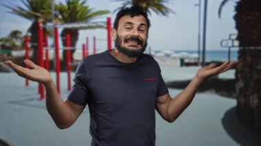 Arka planda palmiye ağaçları ve okyanusla dolu bir sahilde kafa karışıklığını ifade eden sakallı İspanyol bir adam..