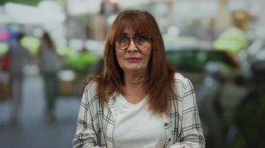 Kıdemli İspanyol kadın hareketli bir şehir caddesinde, canlı şehir atmosferini canlı ifadeler ve arka plan hareket bulanıklığıyla yakalıyor.