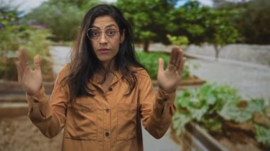 Avuçlarını kaldırmış, orman bahçesinde bronz gömlek ve gözlük takan İspanyol bir kadın..